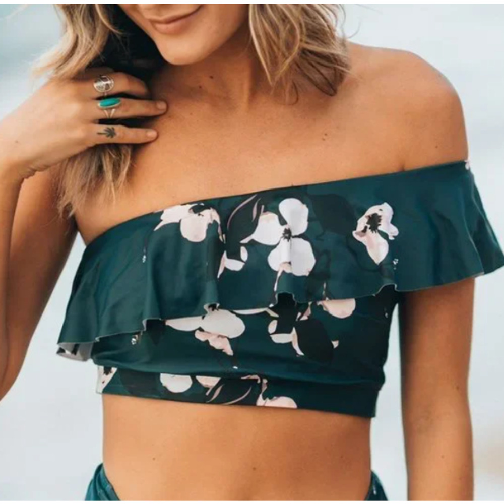 ALBION Size	M Orchid Icon Wave Swim Crop Top One Shoulder Ruffle Layer Feminine